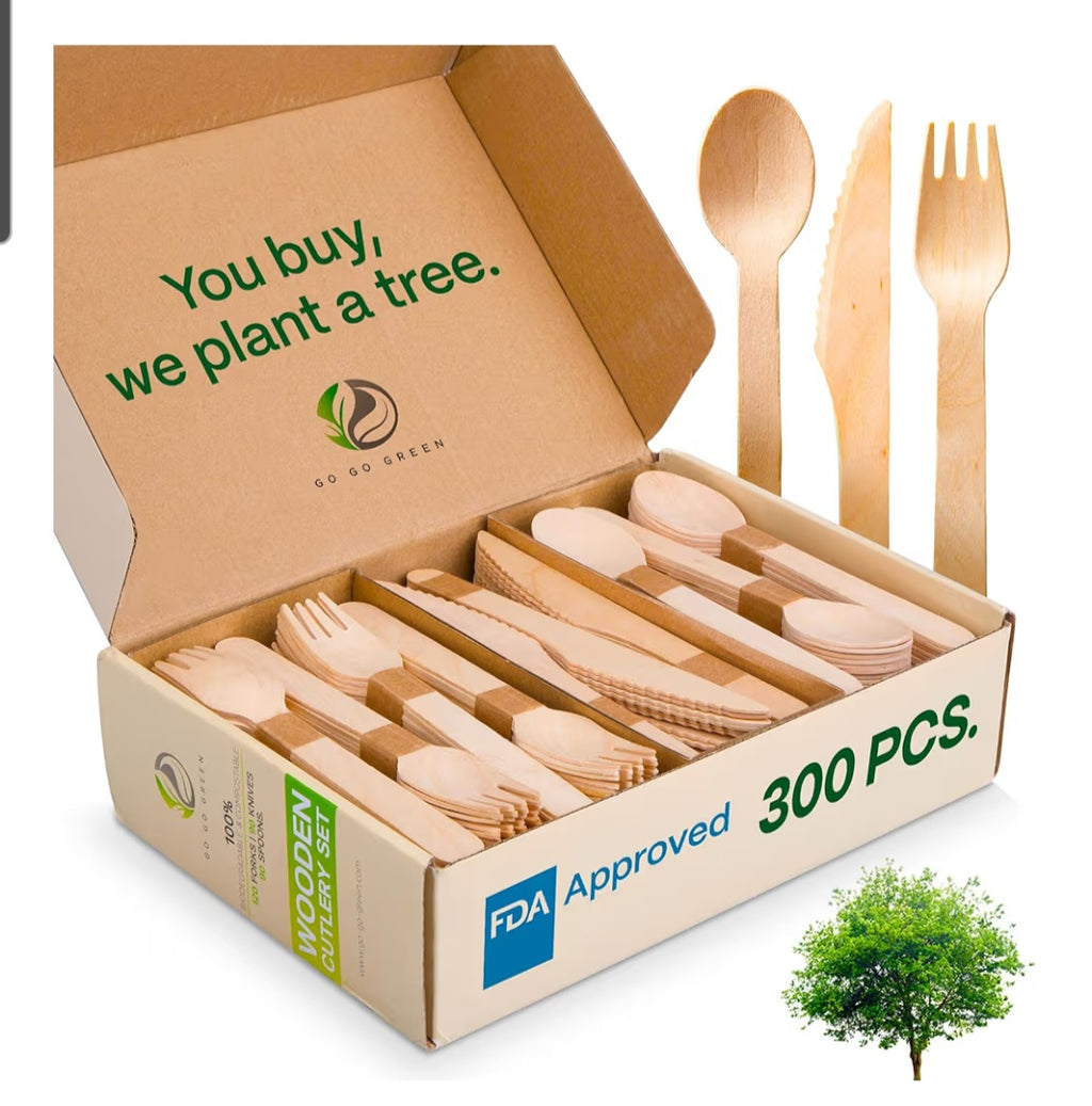 100% Compostable Cutlery Set - 300 Pieces Wooden Compostable Utensils