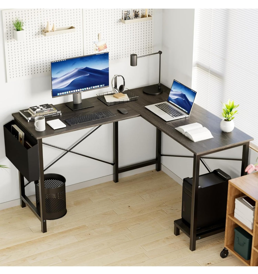 L Shaped Desk,Grey Office Computer Gaming Desks Corner PC Table with Side Bag and Reversible Shelf