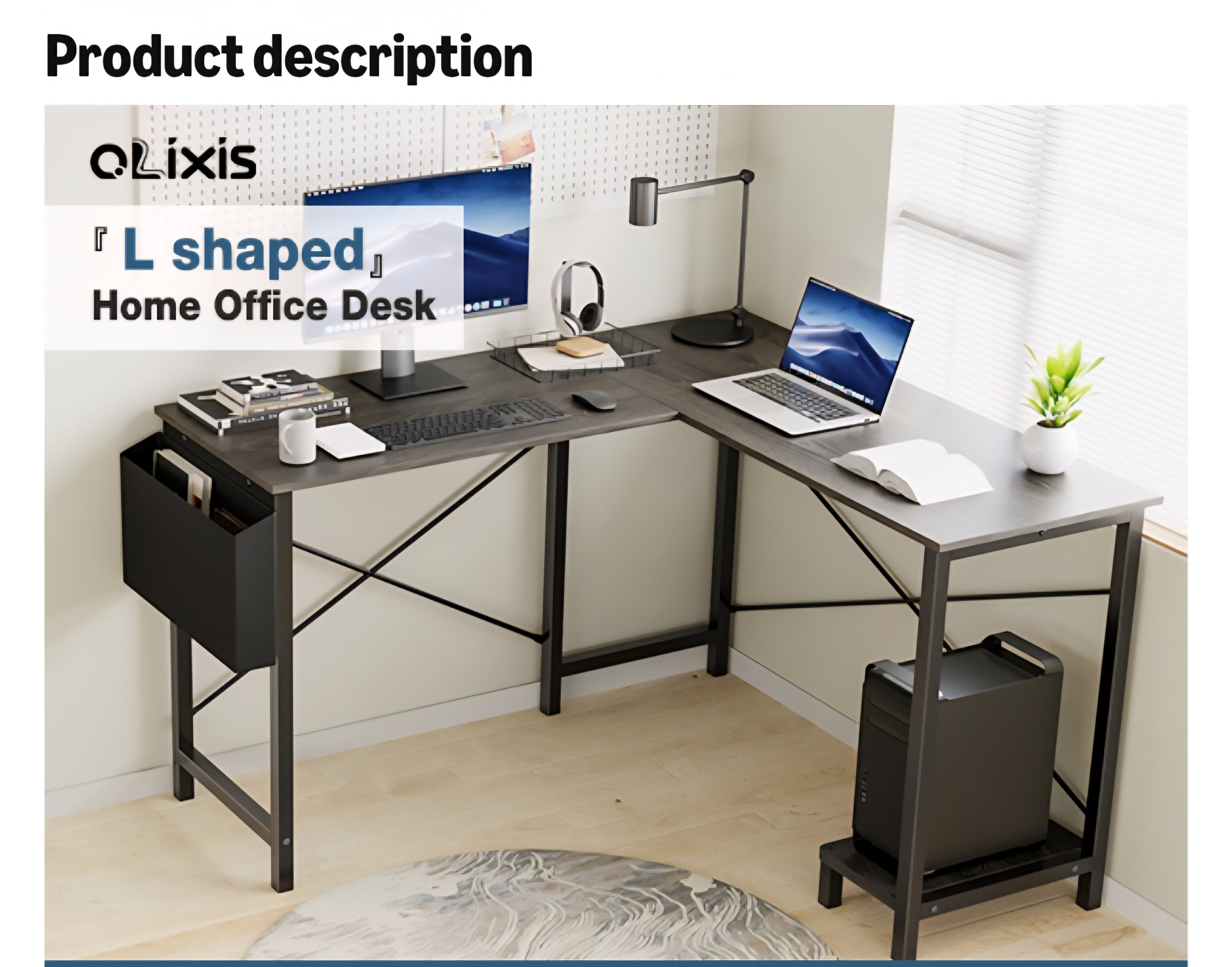 L Shaped Desk,Grey Office Computer Gaming Desks Corner PC Table with Side Bag and Reversible Shelf