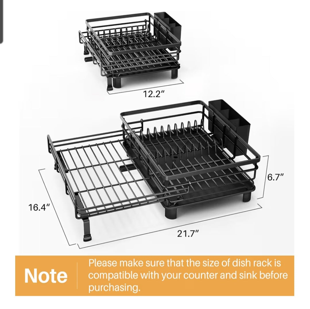 Dish Drying Rack-Extendable Large for Kitchen Counter, Stainless Steel with Utensil Holder (Black)