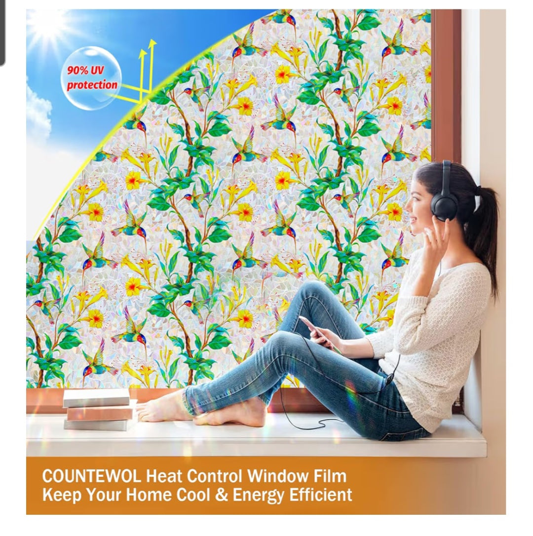 LONG & Big Rolls of Window Privacy Film Stained Glass Window Film Hummingbird Bloom 45.2 x157.4 in