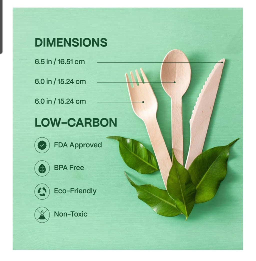 100% Compostable Cutlery Set - 300 Pieces Wooden Compostable Utensils