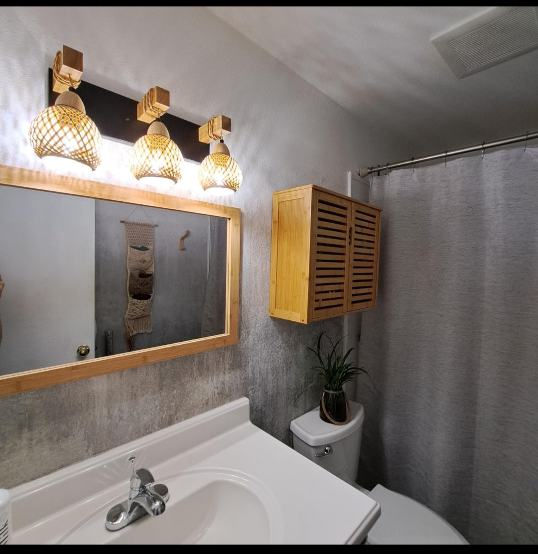 3-Light Boho Vanity Bathroom Hallway Light, Bamboo Wicker Rustic