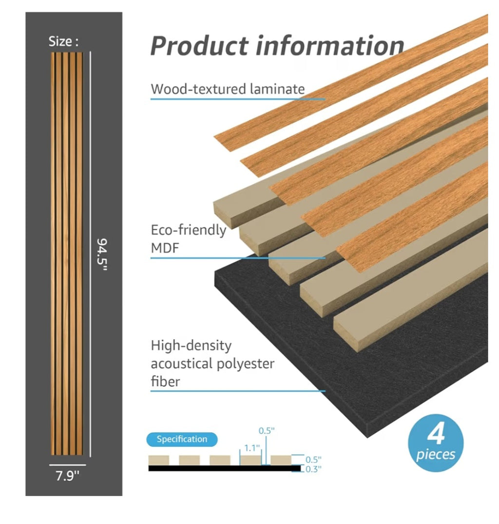 4-Pack Acoustic Wood Slat Wall Panels for Interior Decor, 3D Fluted Sound Absorbing Wood Paneling for Accent Wall Ceiling