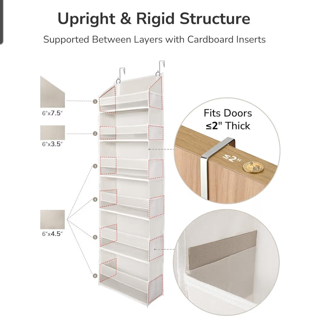 Over The Door Organizer 6 Large Pockets 12 Side Pockets, 50lbs Weight Capacity Beige NEW