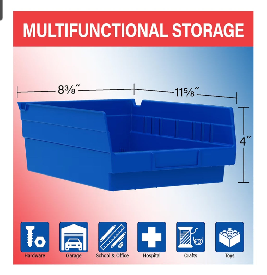 Plastic Shelf Bins, Heavy Duty Storage Bins for Garage, Closet, and Drawer Organization, 12" x 8" x 4", Yellow, 6-Pack