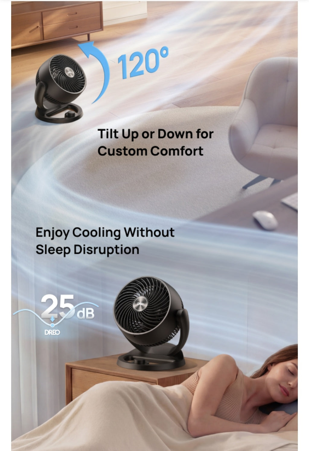 Fan- Whole Room, 120° Adjustable Tilt, 3 Speeds, Desktop Fan for Home, Office, Kitchen