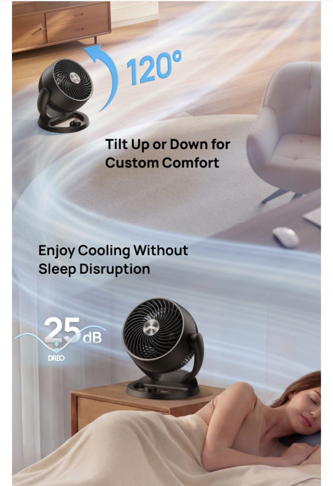 Fan- Whole Room, 120° Adjustable Tilt, 3 Speeds, Desktop Fan for Home, Office, Kitchen