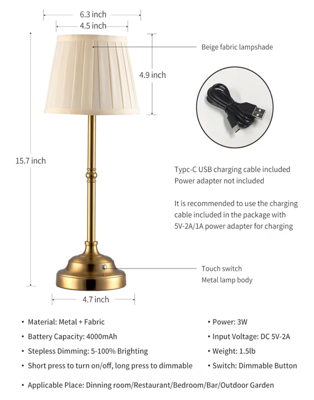 Portables Cordless Table Lamp, Fabric Shade Desk Lamp Rechargeable NEW
