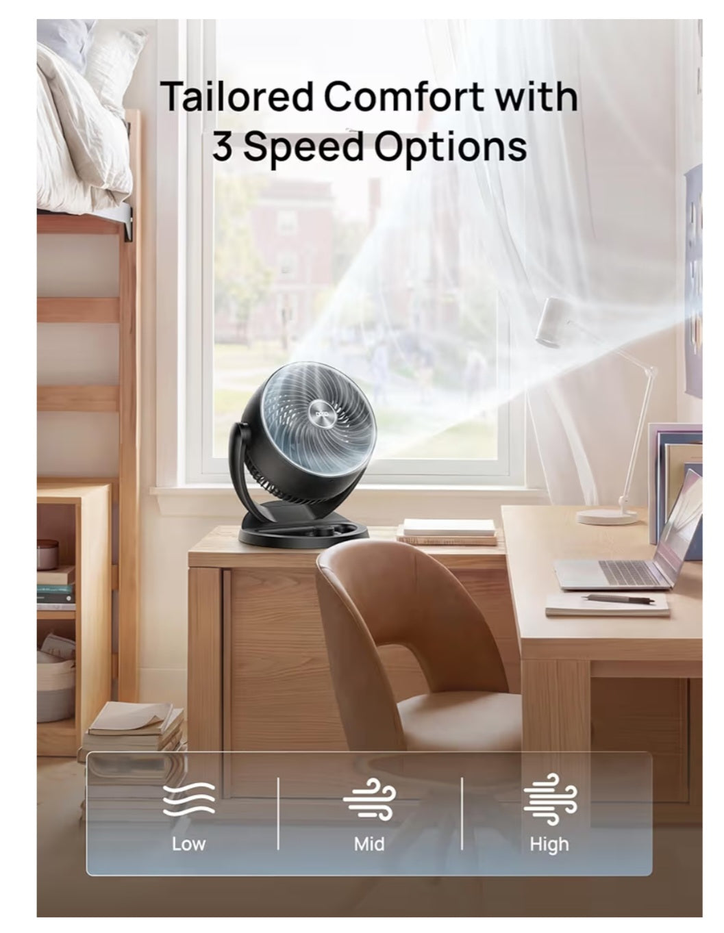Fan- Whole Room, 120° Adjustable Tilt, 3 Speeds, Desktop Fan for Home, Office, Kitchen