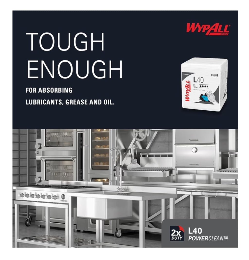 Wypall PowerClean L40 Cloths Extra Absorbent, Quarterfold, Bulk Paper Wipers, White (18 Packs of 56 Sheets, 1,008 Sheet Total)