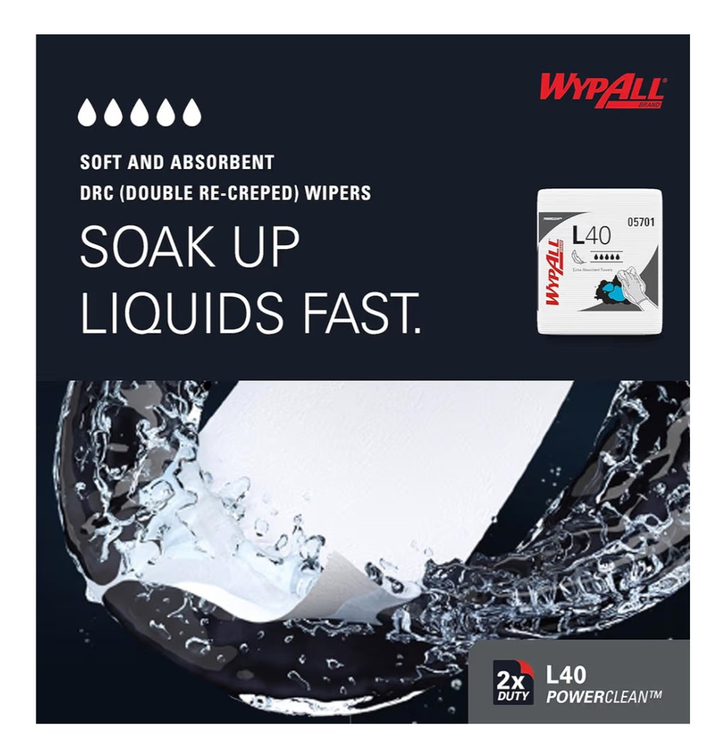 Wypall PowerClean L40 Cloths Extra Absorbent, Quarterfold, Bulk Paper Wipers, White (18 Packs of 56 Sheets, 1,008 Sheet Total)