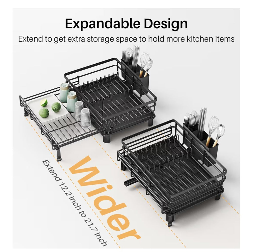 Dish Drying Rack-Extendable Large for Kitchen Counter, Stainless Steel with Utensil Holder (Black)