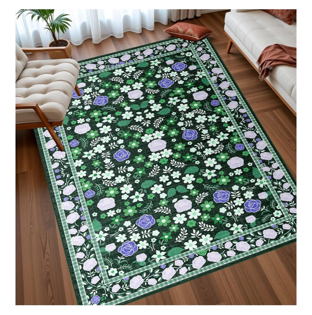 Green Area Rug 5'x7' Washable for Living Room, Low Pile Non-Slip Vintage Printed Rug
