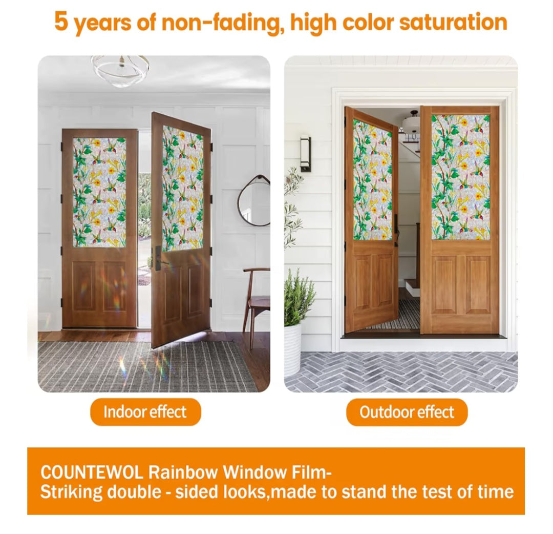 LONG & Big Rolls of Window Privacy Film Stained Glass Window Film Hummingbird Bloom 45.2 x157.4 in