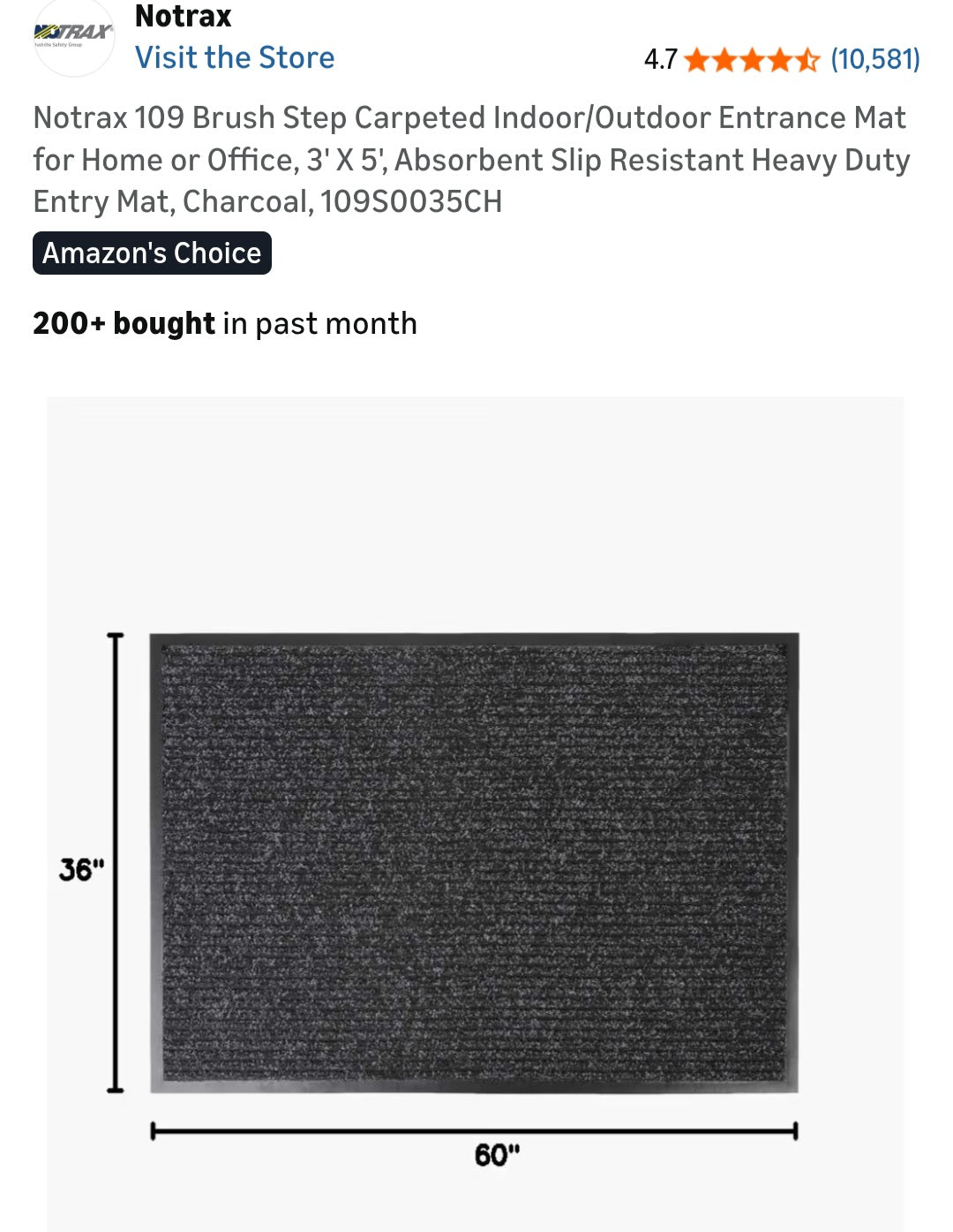 Entry Mat Door Mat Notrax 109 Brush Step Carpeted Indoor/Outdoor 3' X 5' NEW Charcoal