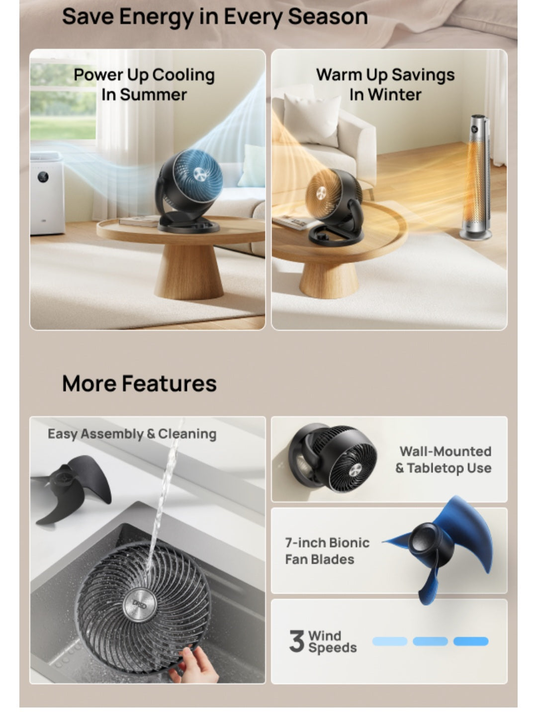 Fan- Whole Room, 120° Adjustable Tilt, 3 Speeds, Desktop Fan for Home, Office, Kitchen