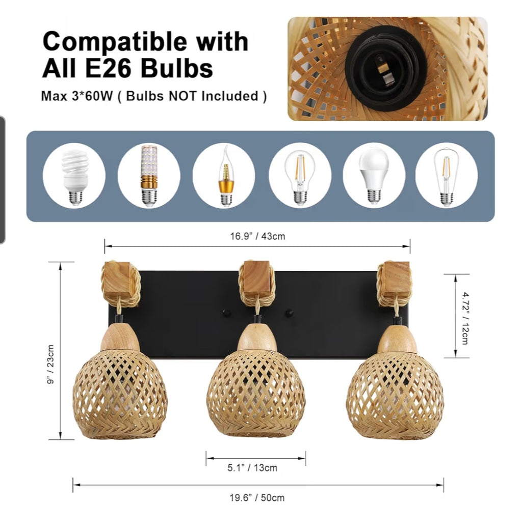 3-Light Boho Vanity Bathroom Hallway Light, Bamboo Wicker Rustic