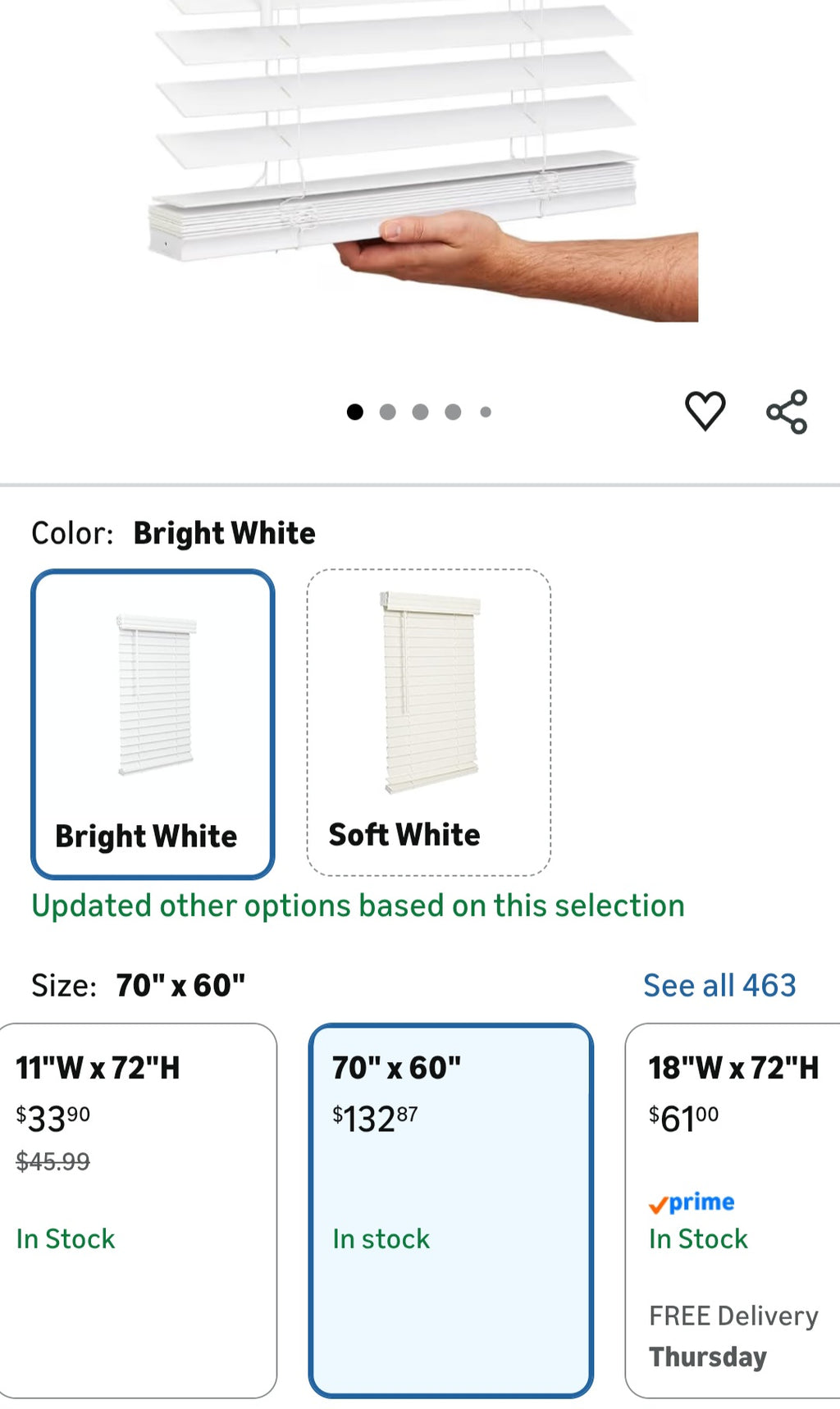 2 Inch Faux Wood Blind, 70" Wide x 60" Long, Bright White