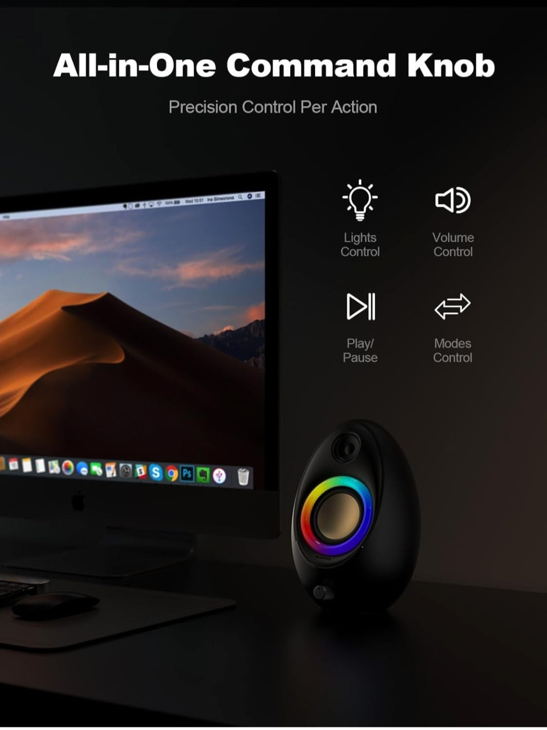 Computer Speakers for Desktop PC, 20W Peak Power Bluetooth 5.4 USB/USB-C Powered PC Speakers with RGB Glow