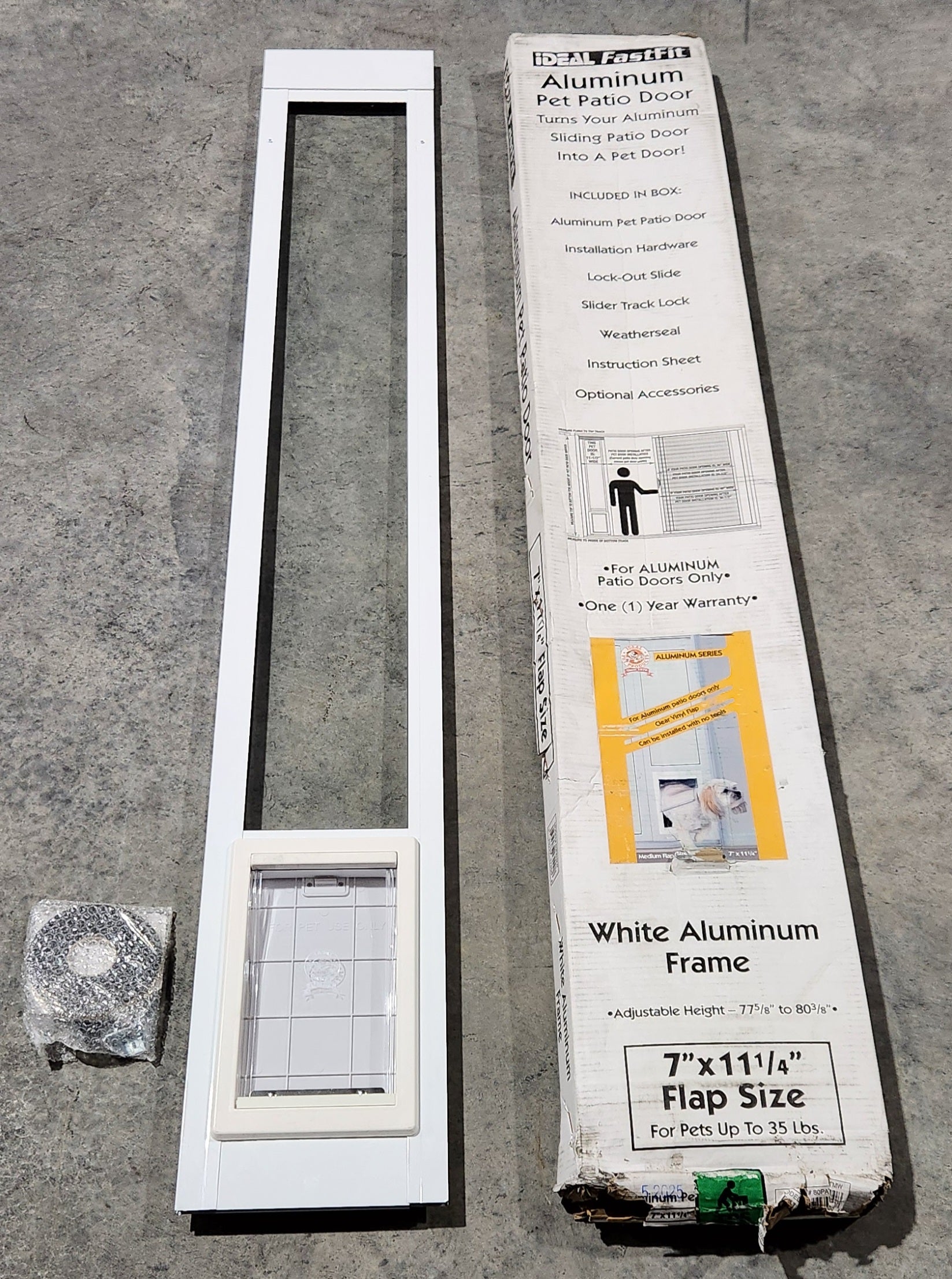 Dog Door Aluminum Pet Patio Door with Glass Panel- Adjustable Height 77-5/8" to 80-3/8", 7" x 11-1/4" Flap Size, White
