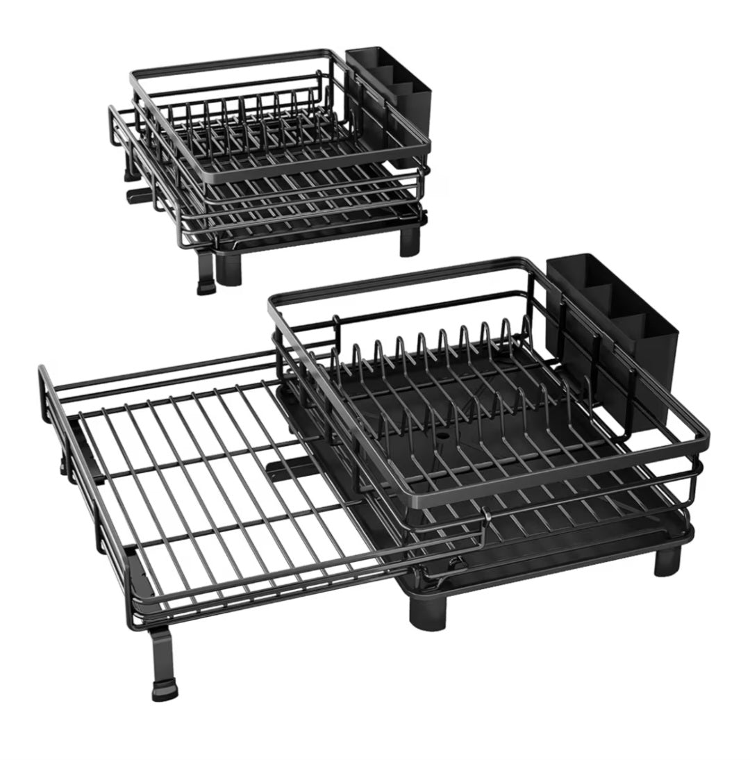 Dish Drying Rack-Extendable Large for Kitchen Counter, Stainless Steel with Utensil Holder (Black)