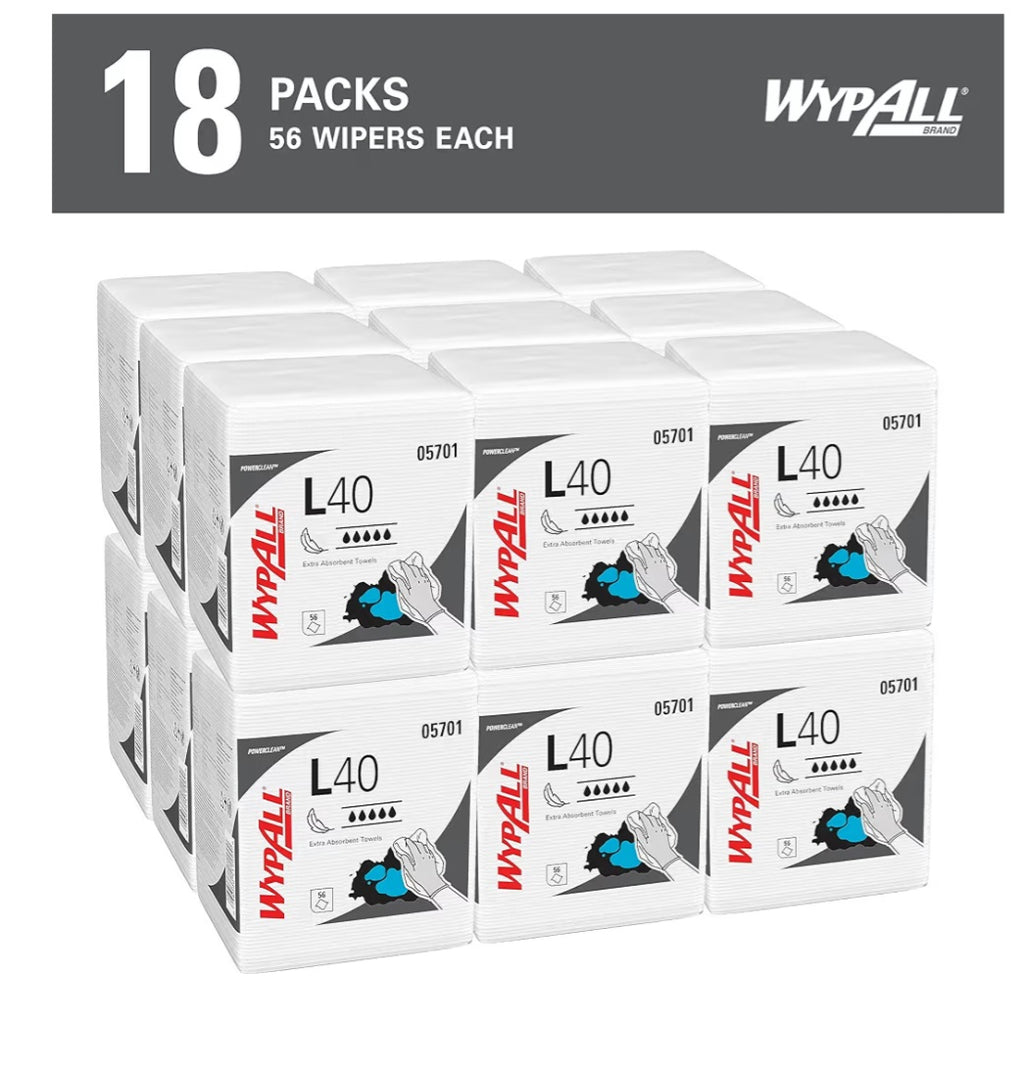 Wypall PowerClean L40 Cloths Extra Absorbent, Quarterfold, Bulk Paper Wipers, White (18 Packs of 56 Sheets, 1,008 Sheet Total)