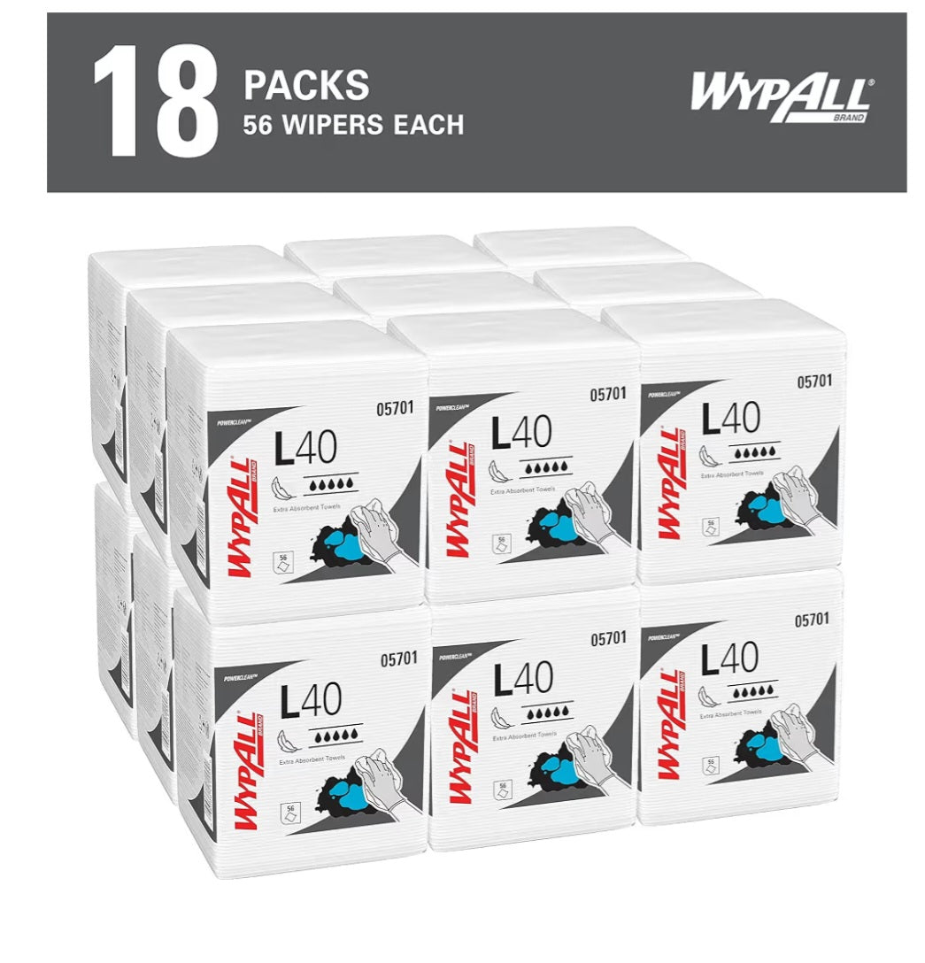 Wypall PowerClean L40 Cloths Extra Absorbent, Quarterfold, Bulk Paper Wipers, White (18 Packs of 56 Sheets, 1,008 Sheet Total)
