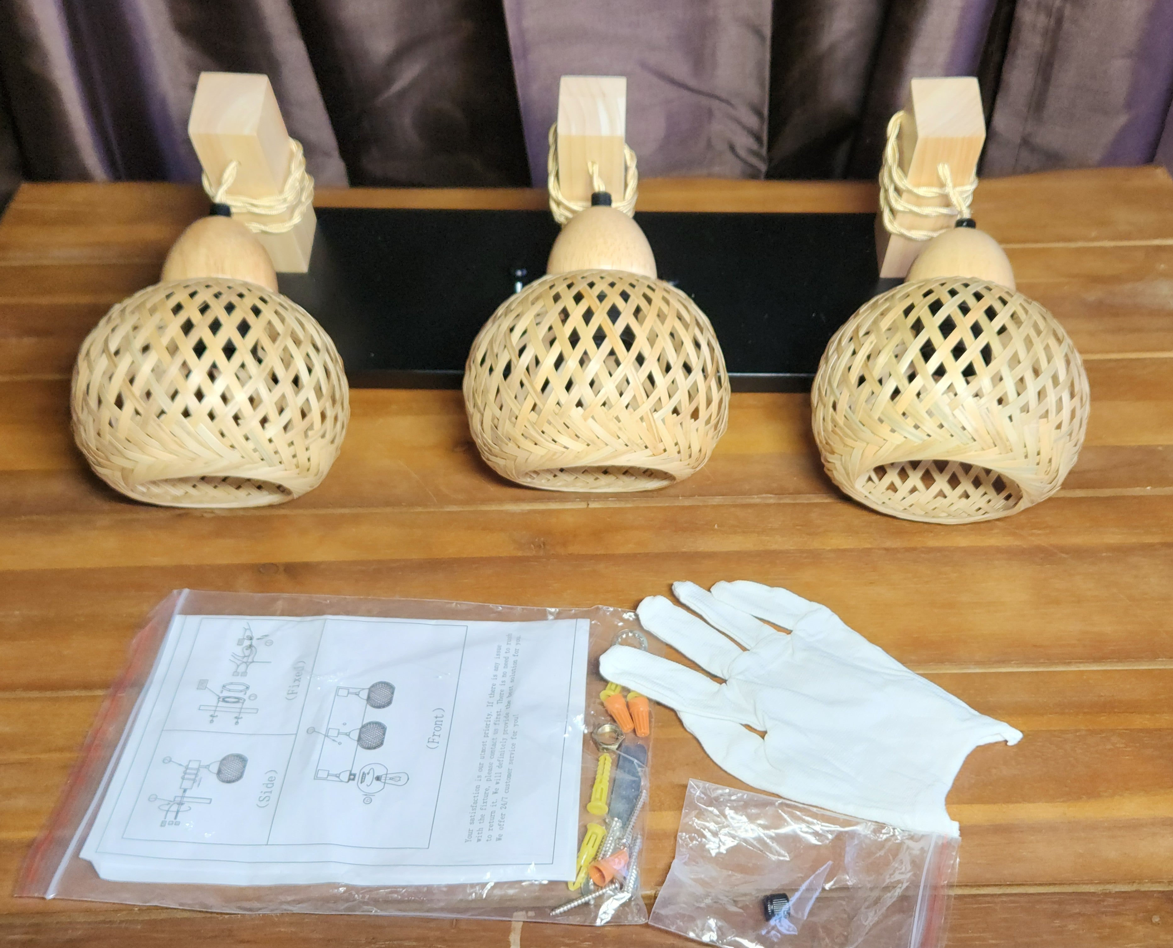 3-Light Boho Vanity Bathroom Hallway Light, Bamboo Wicker Rustic